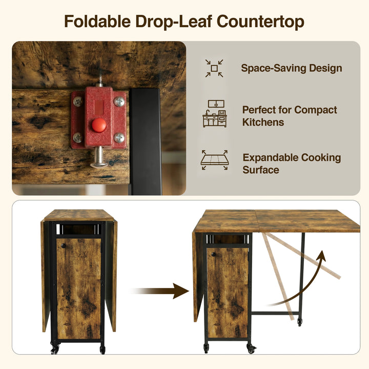 [Rustic] Kitchen & Dining Furniture Sets drop-leaf countertop lock switch, folding panels, and compact setup graphic.