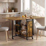 [Rustic] Kitchen & Dining Furniture Sets open dining table in a compact kitchen corner with stools and tableware.
