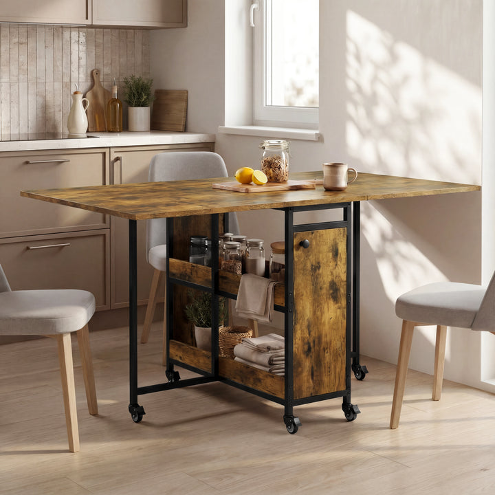 [Rustic] Kitchen & Dining Furniture Sets open dining table in a compact kitchen corner with stools and tableware.