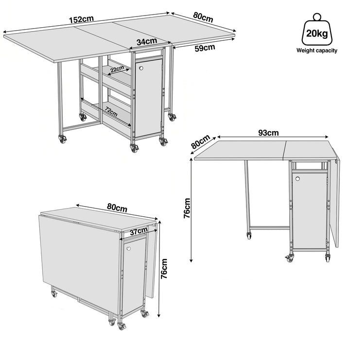 [Rustic] Kitchen & Dining Furniture Sets dimension diagram showing 152cm width, 80cm depth, 76cm height, and 20kg weight capacity