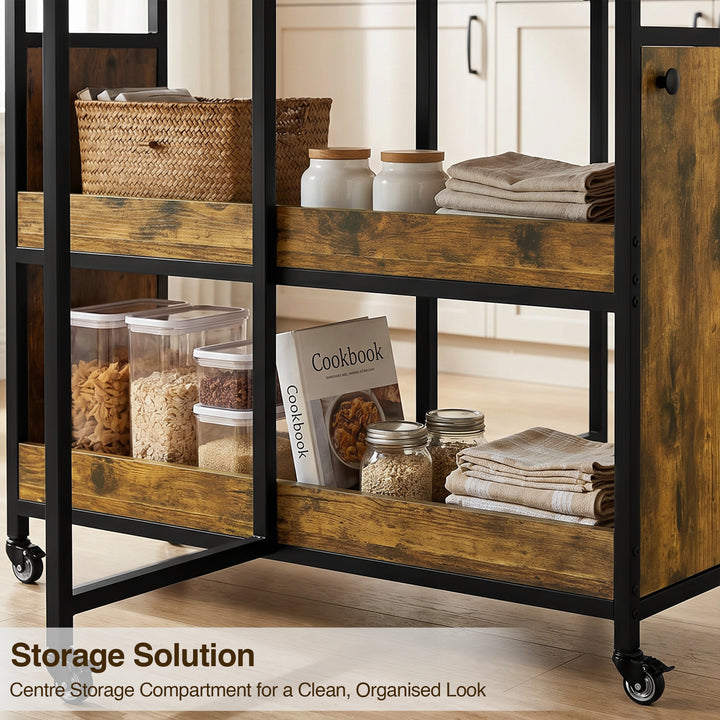 [Rustic] Kitchen & Dining Furniture Sets centre storage shelves with baskets, jars, cookbook, and folded linens.