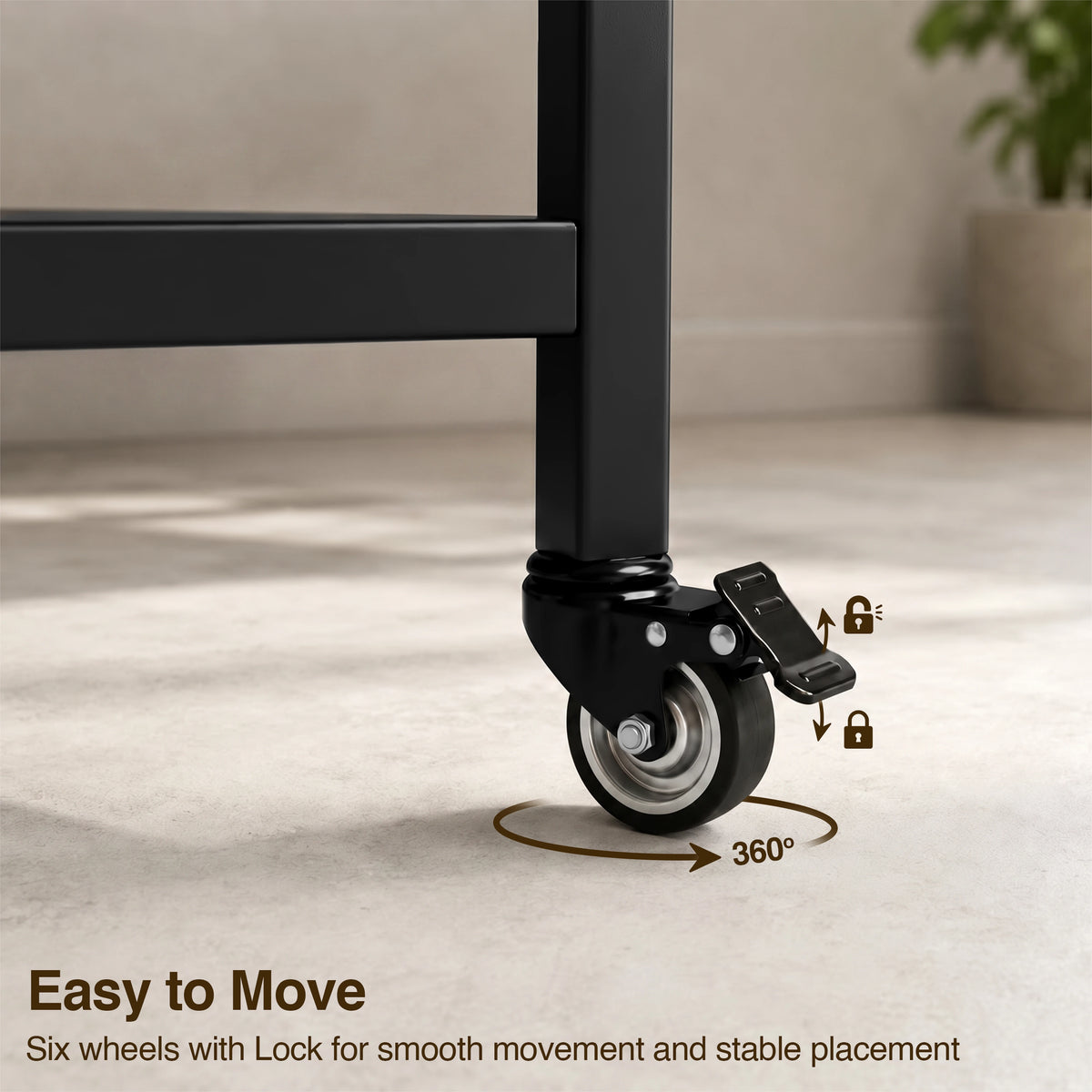 [Rustic] Kitchen & Dining Furniture Sets caster wheel close-up with brake lever, lock icons, and 360 degree arrow.