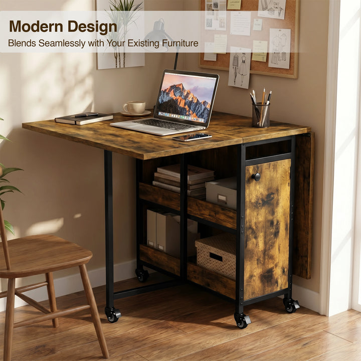[Rustic] Kitchen & Dining Furniture Sets folding table used as a laptop desk with chair, shelves, and storage door.