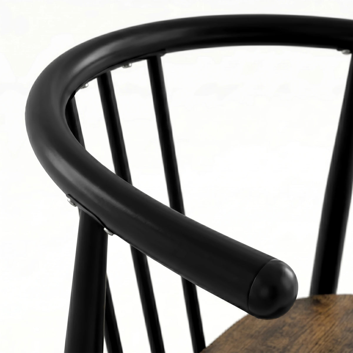 [Rustic] Torvi chair curved matte black metal backrest and armrest detail with rounded end cap and rustic seat