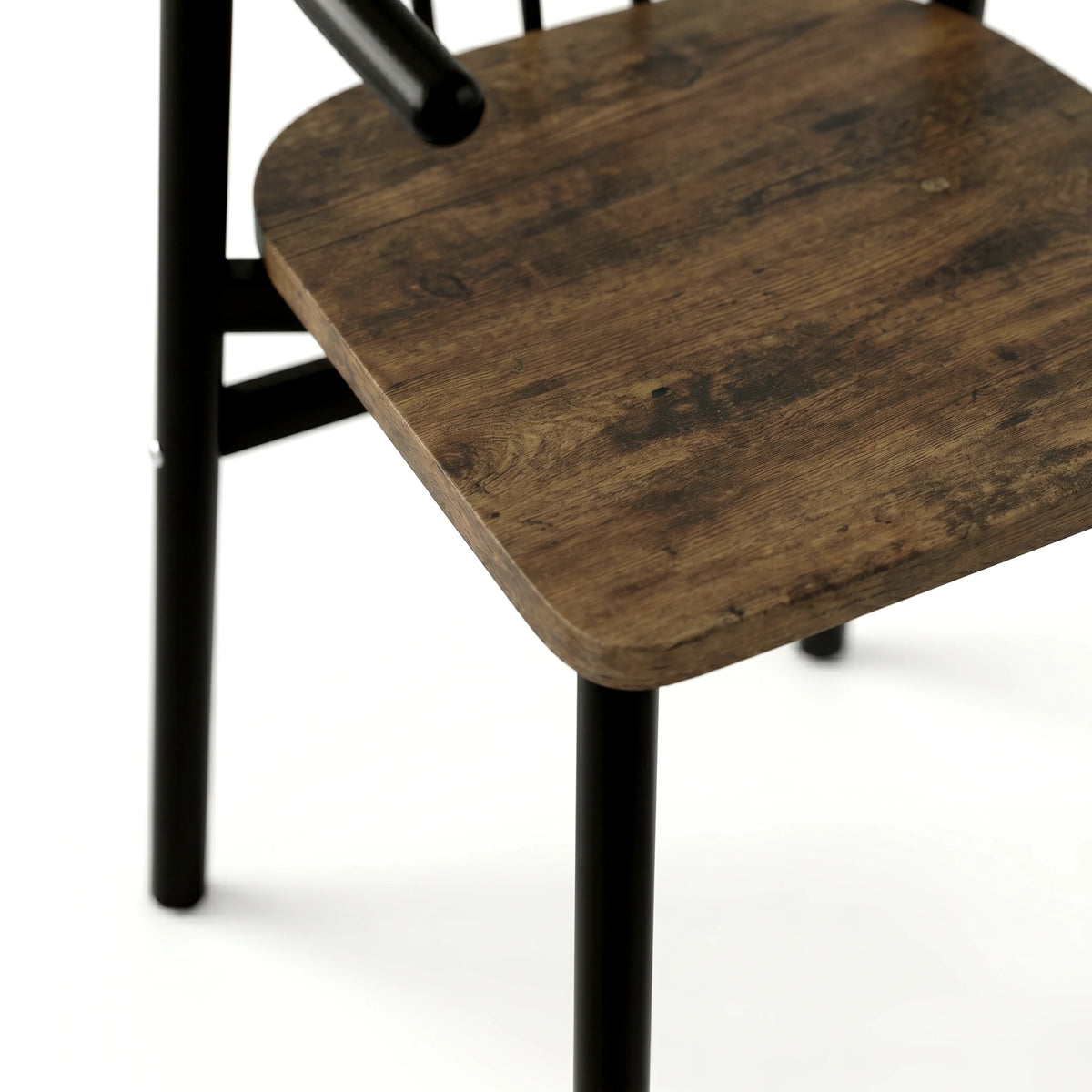 [Rustic] Torvi chair close-up of distressed rustic wood seat pad with natural grain markings on black metal frame