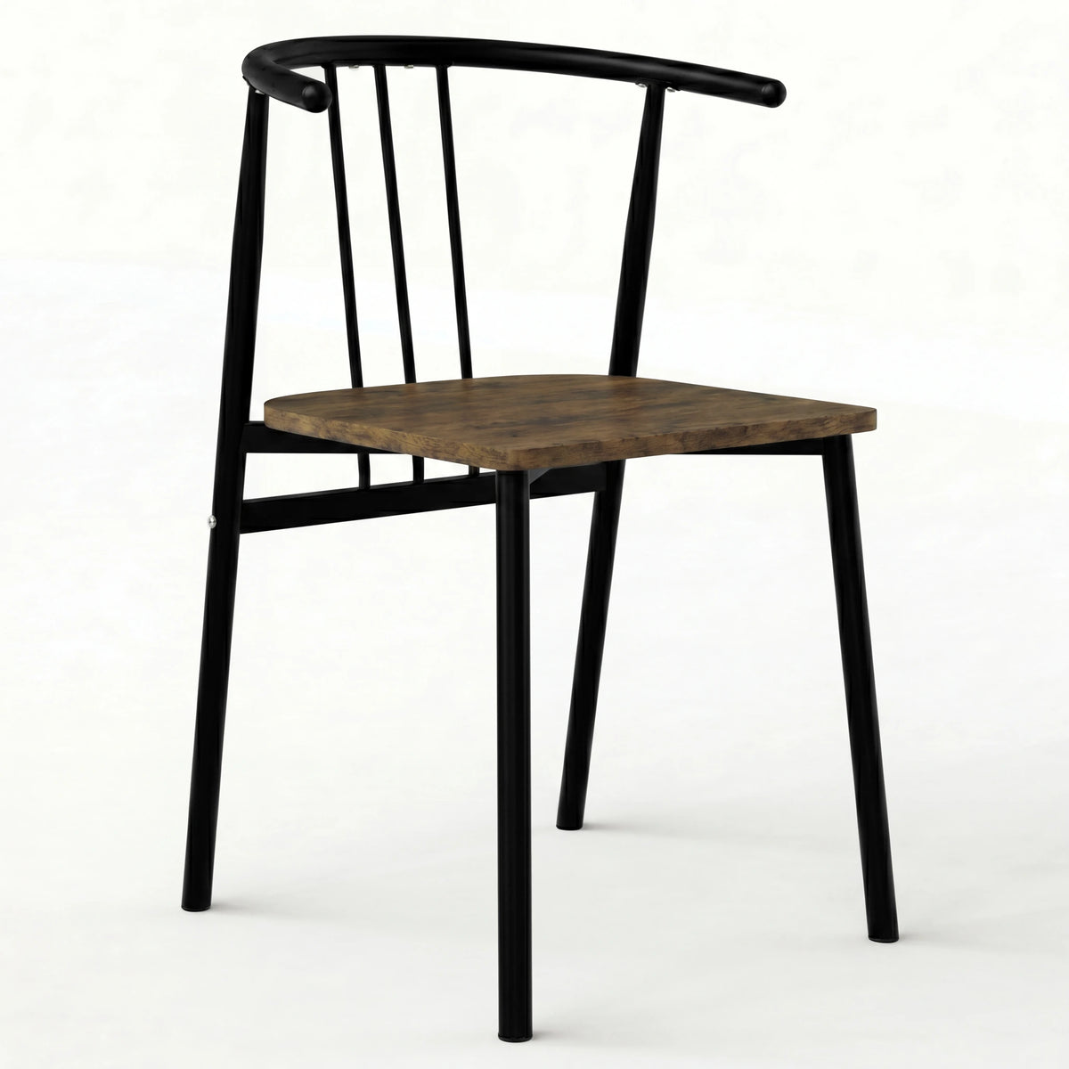 [Rustic] Torvi dining chair with black tubular metal frame, spindle back, armrests and rustic wood seat pad