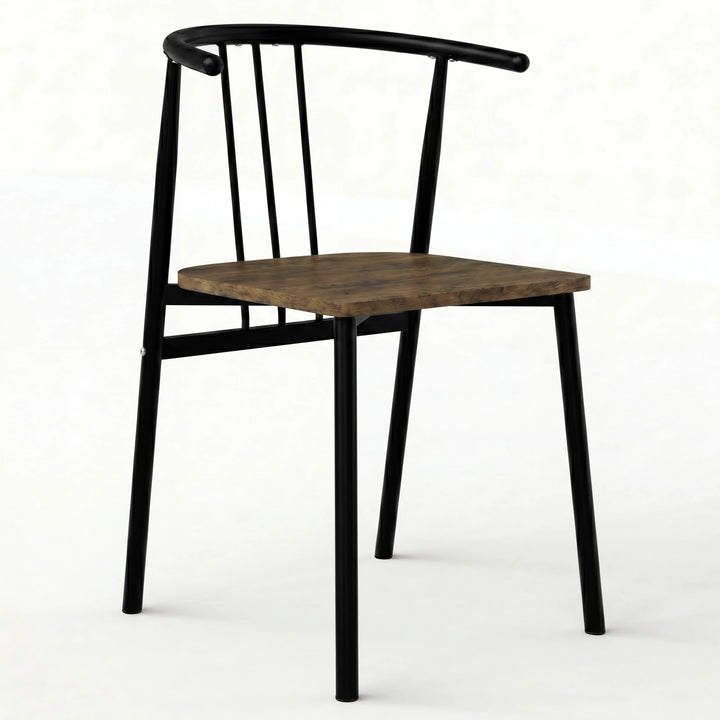 [Rustic] Torvi dining chair with black tubular metal frame, spindle back, armrests and rustic wood seat pad