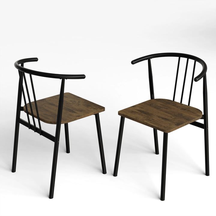 [Rustic] Two Torvi dining chairs shown front and rear on white background with black frame and rustic wood seats
