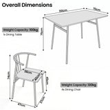 [Rustic] Torvi dining table and chairs set dimension diagram showing 110x70x75cm table and 74cm high chair with 38x40cm seat and weight capacity labels