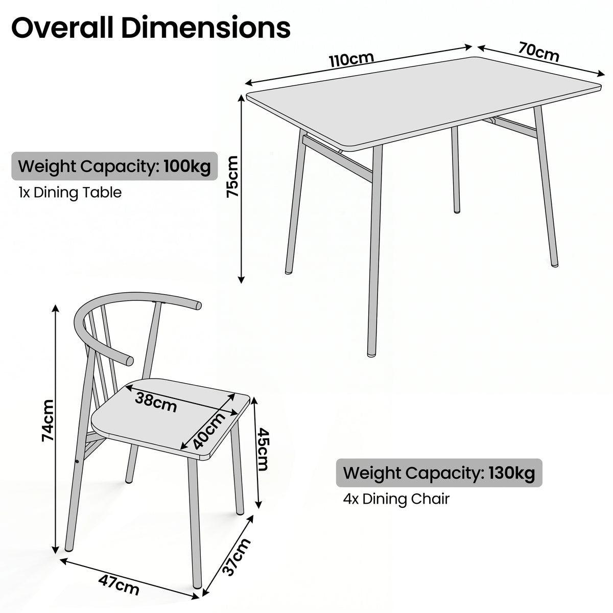 [Rustic] Torvi dining table and chairs set dimension diagram showing 110x70x75cm table and 74cm high chair with 38x40cm seat and weight capacity labels