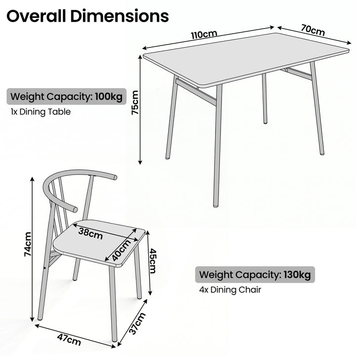 [Rustic] Torvi dining table and chairs set dimension diagram showing 110x70x75cm table and 74cm high chair with 38x40cm seat and weight capacity labels