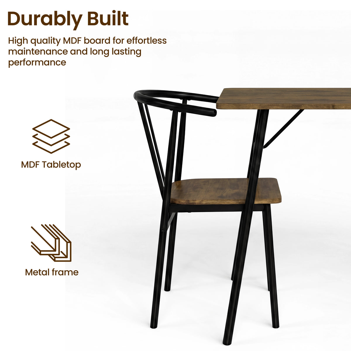 [Rustic] Torvi dining set close-up showing black metal frame chair alongside table leg joint, with MDF tabletop and metal frame construction callouts
