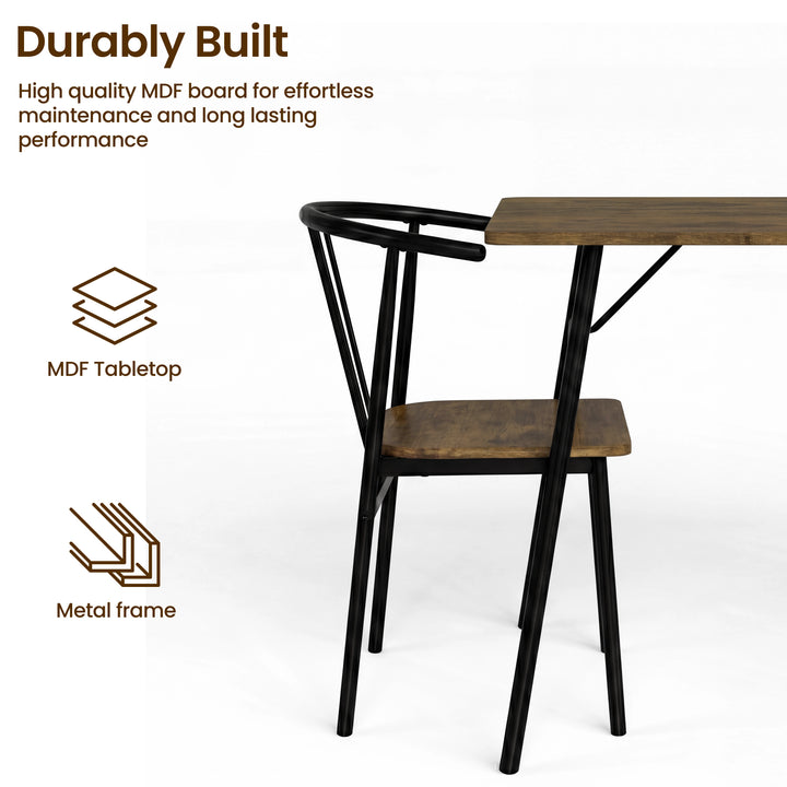 [Rustic] Torvi dining set close-up showing black metal frame chair alongside table leg joint, with MDF tabletop and metal frame construction callouts