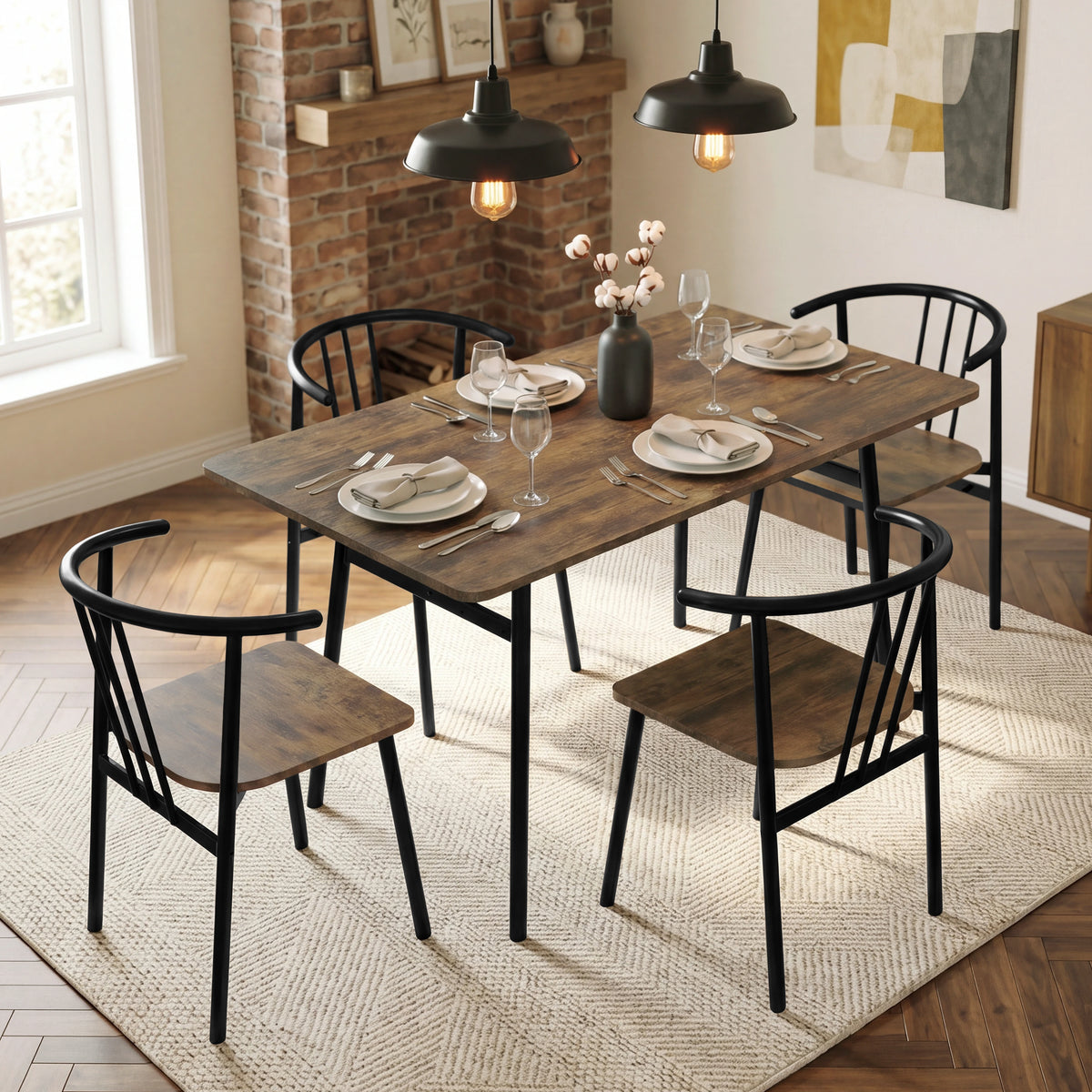 [Rustic] Torvi 4 seater dining set in an industrial dining room with brick wall, pendant lights, rug, wine glasses, and place settings on the dark tabletop