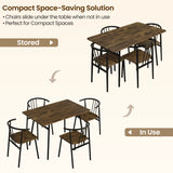 [Rustic] Torvi 4 seater dining set shown in stored and in-use positions illustrating how chairs slide under the rustic table for compact space-saving storage