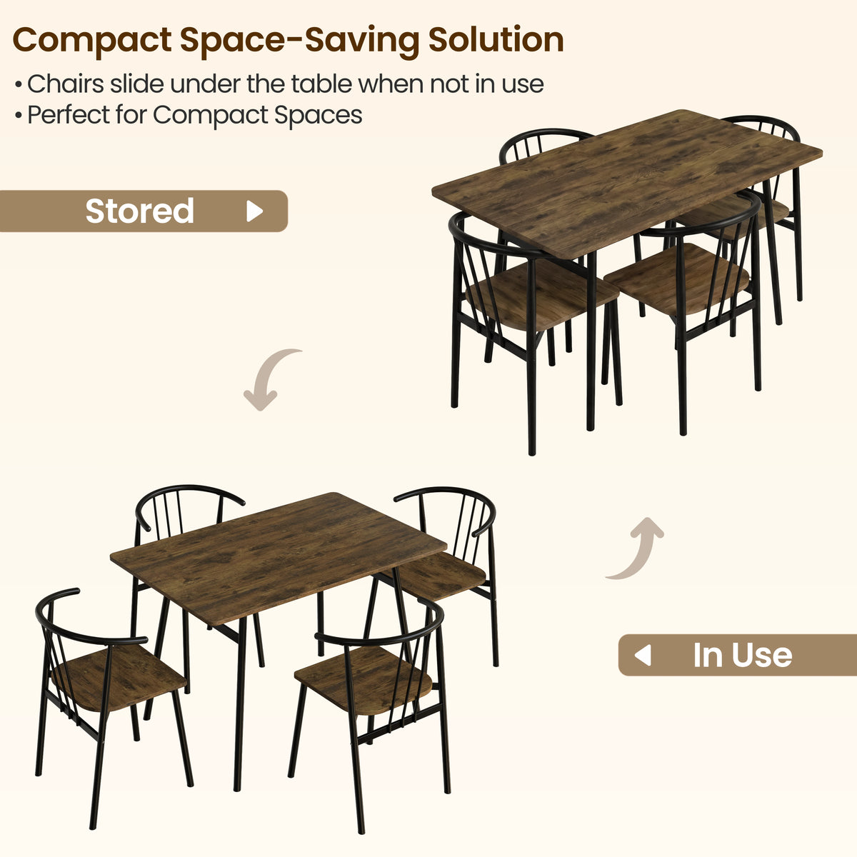 [Rustic] Torvi 4 seater dining set shown in stored and in-use positions illustrating how chairs slide under the rustic table for compact space-saving storage