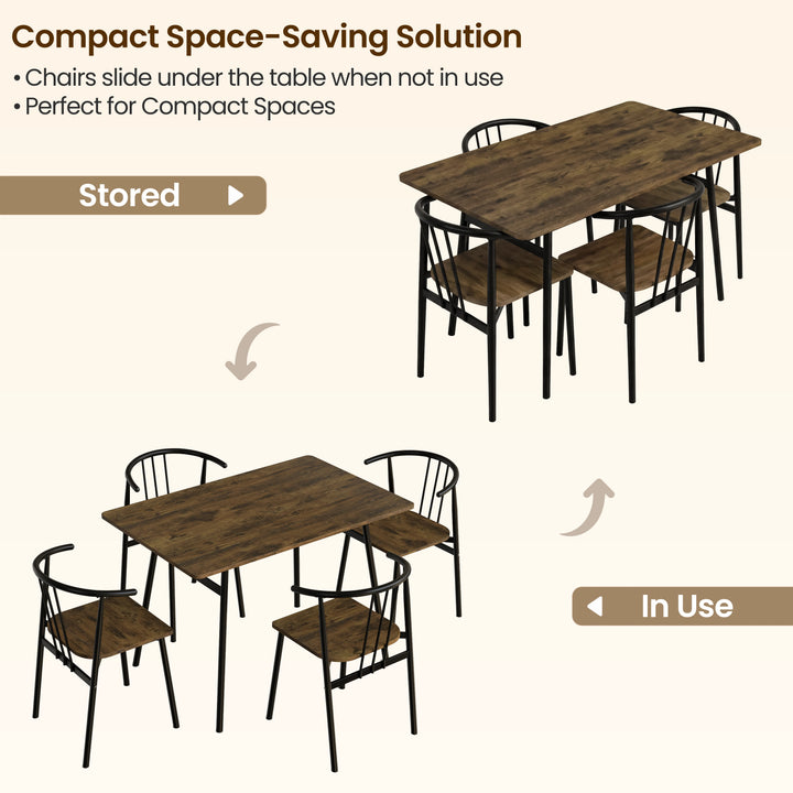 [Rustic] Torvi 4 seater dining set shown in stored and in-use positions illustrating how chairs slide under the rustic table for compact space-saving storage