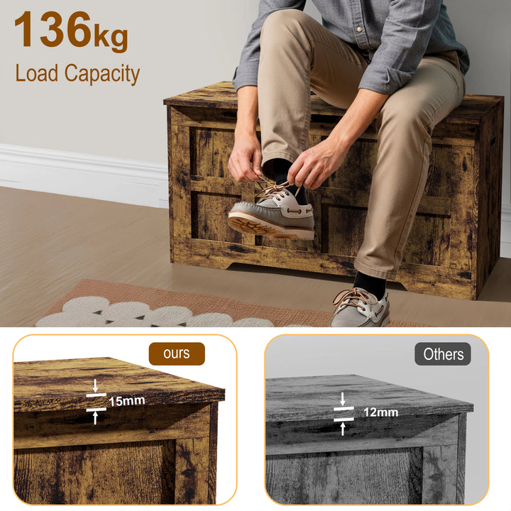 [Rustic] Person sitting on a wooden bench with a load capacity label, comparing thickness of 'ours' and 'others'.