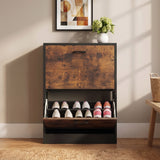 [Black & Rustic] 2 Drawer Slim Shoe Storage Cabinet for Hallway straight-on view with the bottom compartment tilted open.