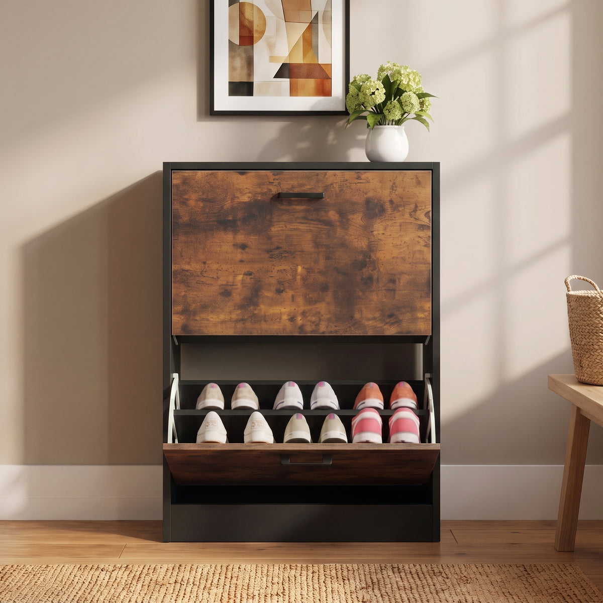 [Black & Rustic] 2 Drawer Slim Shoe Storage Cabinet for Hallway straight-on view with the bottom compartment tilted open.