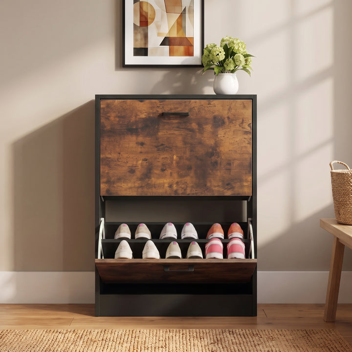 [Black & Rustic] 2 Drawer Slim Shoe Storage Cabinet for Hallway straight-on view with the bottom compartment tilted open.