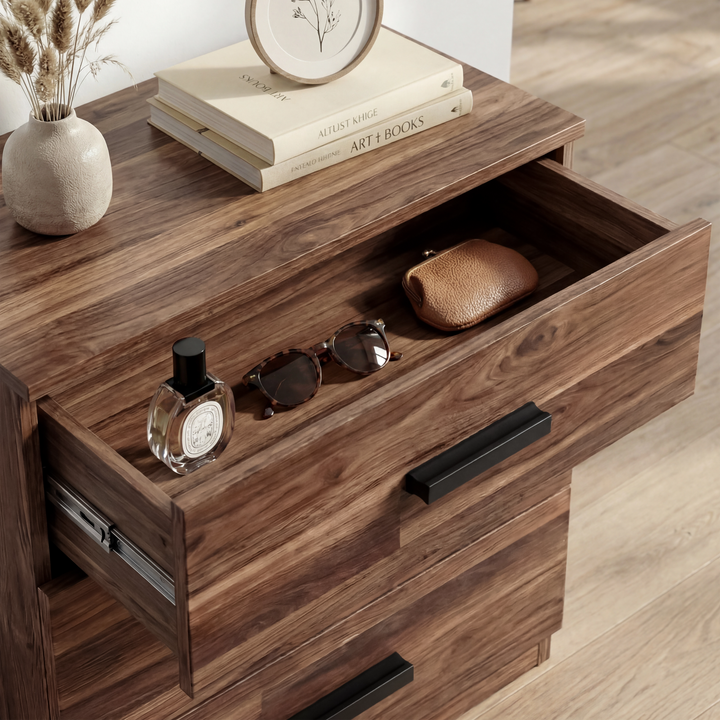 [Dark Bronx] Close view of rustic wood drawer interior showing storage capacity and smooth inner panels