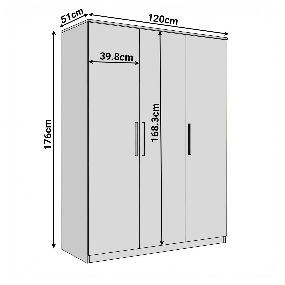[Dark Bronx] Dimension Blythe wardrobe showing height 176 cm, width 120 cm, depth 51 cm