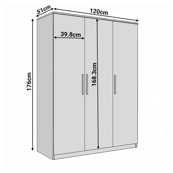 [Dark Bronx] Dimension Blythe wardrobe showing height 176 cm, width 120 cm, depth 51 cm