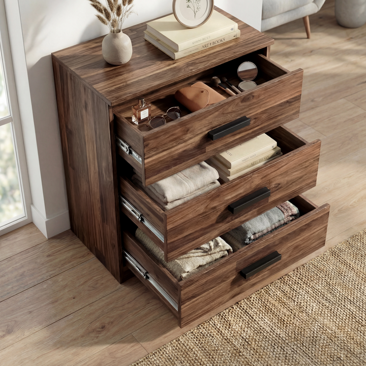 [Dark Bronx] chest shown at angle with drawers open, revealing layered storage space and sturdy build