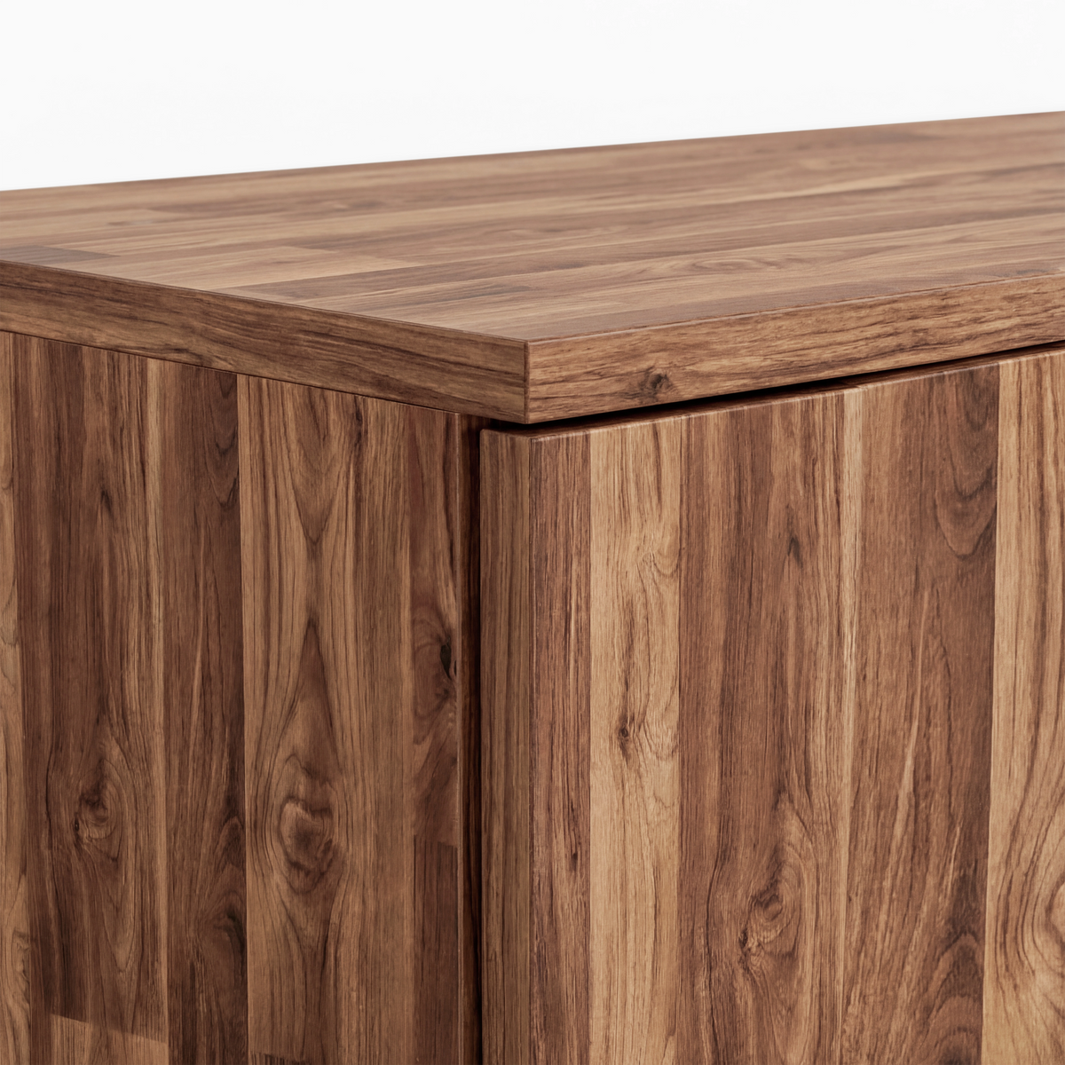[Dark Bronx] Close view Blythe wardrobe upper corner with warm walnut grain and clean edge