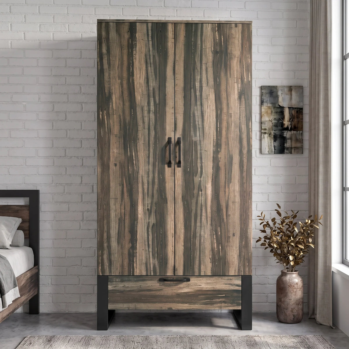 [Rustic Dark Wood] Rustvale wardrobe front view with closed double doors, lower drawer, black legs, pendant light, and side table.