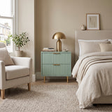 [Sage Green] Sage Green Fluted 2 Drawer Bedside Table with gold handles styled in a neutral bedroom.
