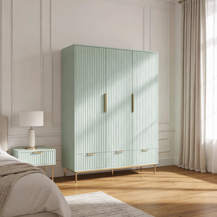 [Sage Green] Modern bedroom with a large green wardrobe, bed, and side table.