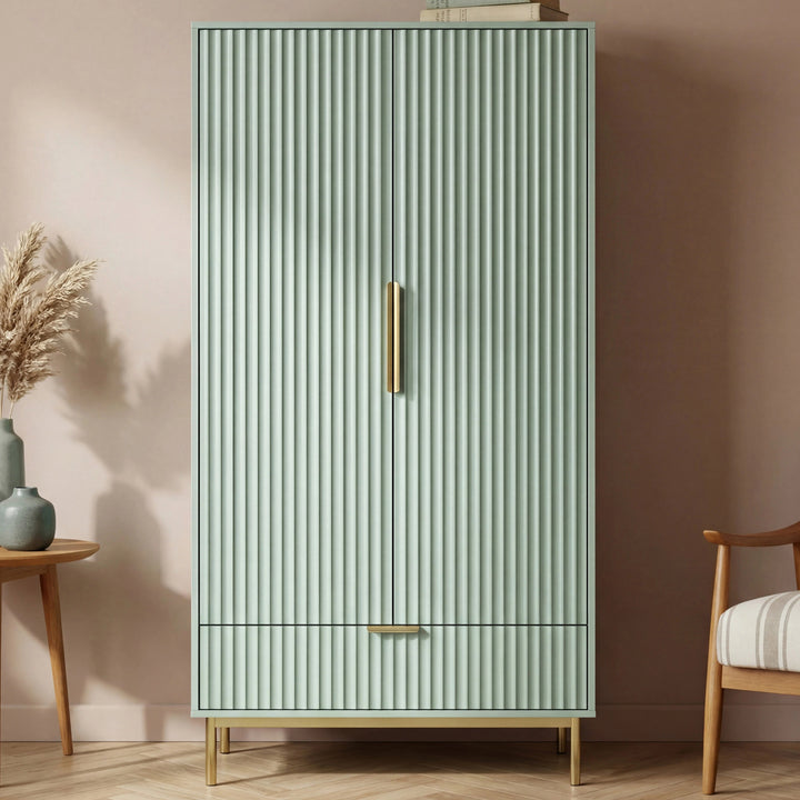 [Sage Green] painted 2 door wardrobe with integrated drawer in contemporary natural light room setting