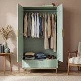 [Sage Green] Flutrina painted 2 door wardrobe shown straight on with gold handle and matching gold tapered legs