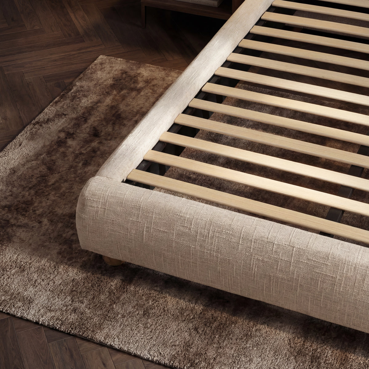 [Double | Beige] Wooden slat mattress support inside upholstered bed frame with fabric-wrapped side rails