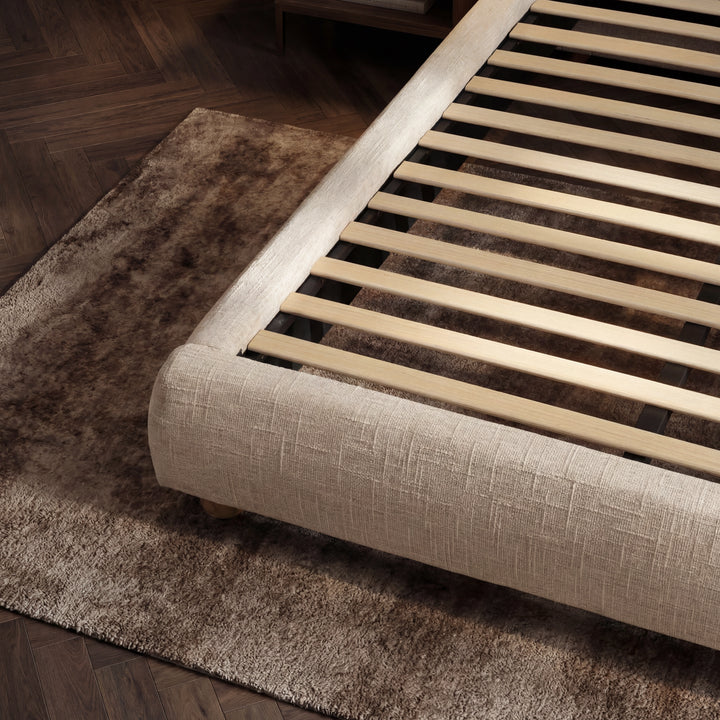 [Double | Beige] Wooden slat mattress support inside upholstered bed frame with fabric-wrapped side rails