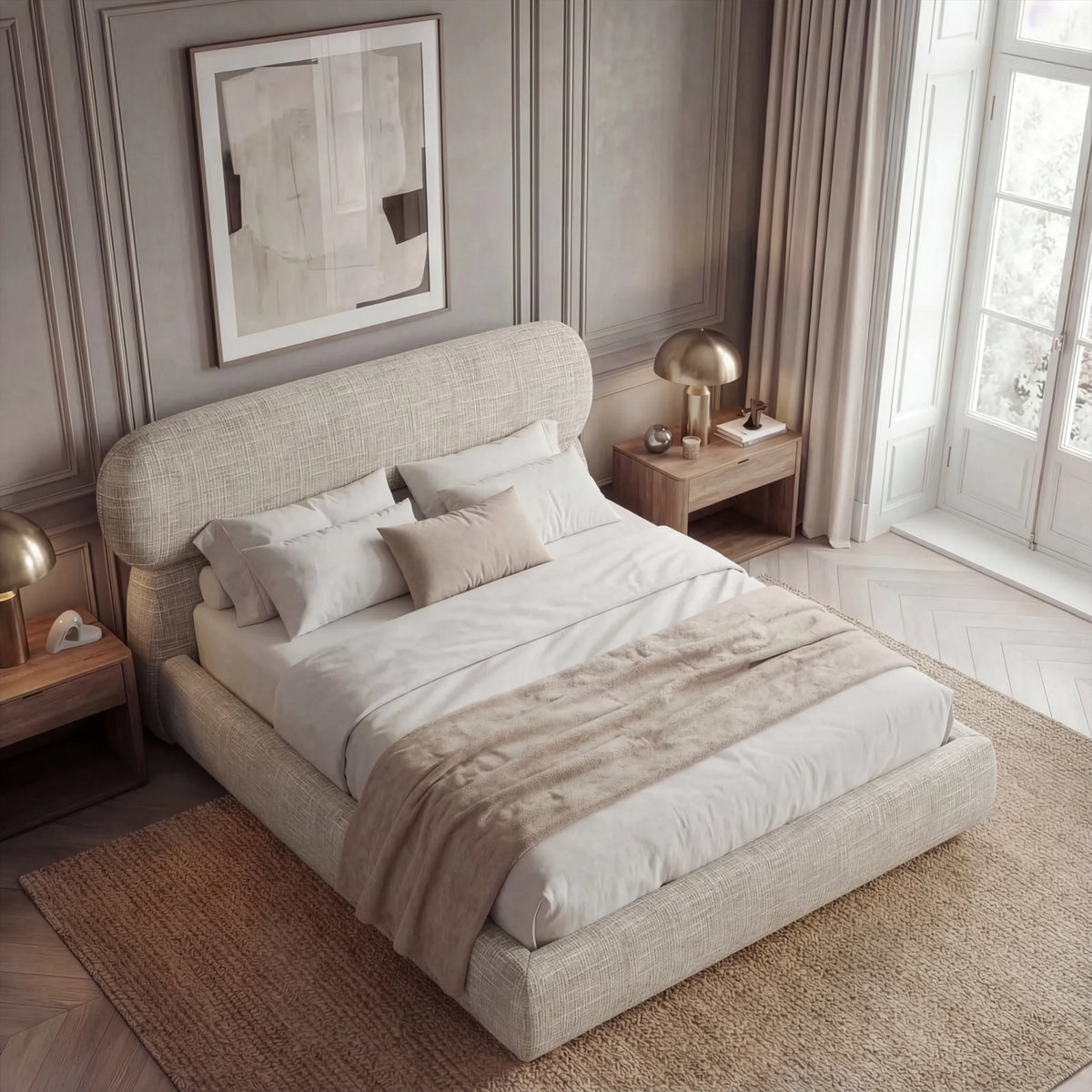 [Double | Camel] Overhead angled view of upholstered bed showing pill-shaped headboard and woven fabric texture