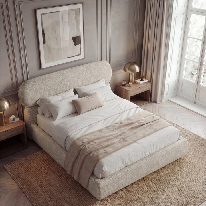 [Double | Camel] Overhead angled view of upholstered bed showing pill-shaped headboard and woven fabric texture