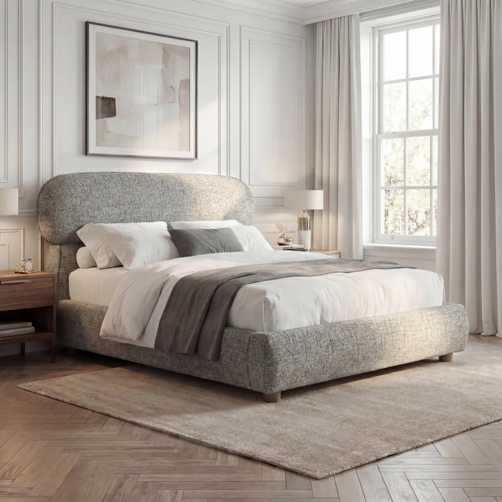 [Double | Grey] Full room view showing capsule headboard bed with white bedding and neutral styling