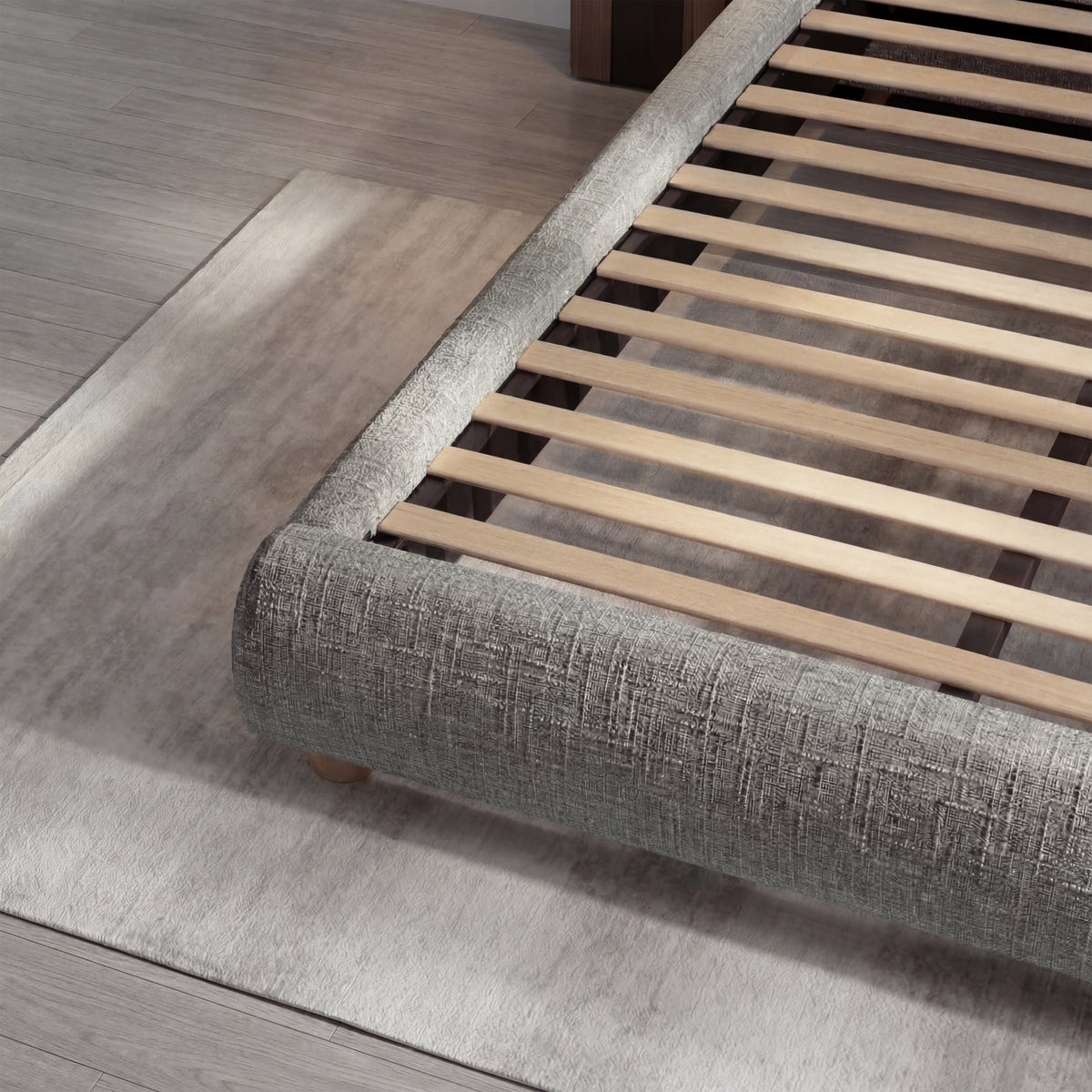 [Double | Grey] Wooden slat mattress support inside upholstered bed frame with fabric-wrapped side rails