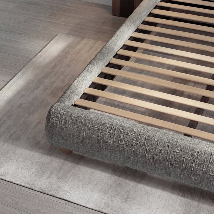 [Double | Grey] Wooden slat mattress support inside upholstered bed frame with fabric-wrapped side rails