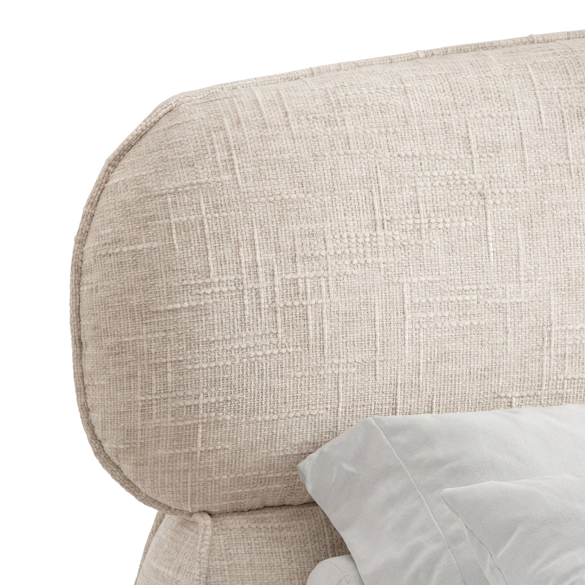 [King | Beige] Close view of headboard curved upper edge showing soft padded profile and woven fabric texture