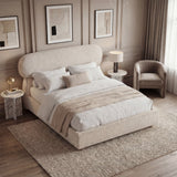 [King | Beige] Overhead angled view of upholstered bed showing pill-shaped headboard and woven fabric texture