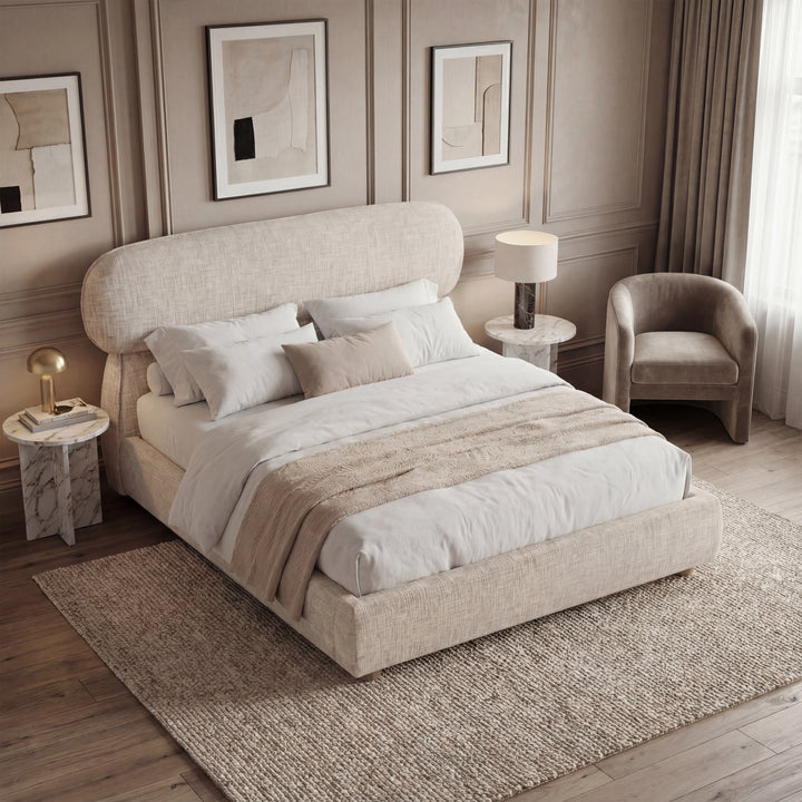 [King | Beige] Overhead angled view of upholstered bed showing pill-shaped headboard and woven fabric texture