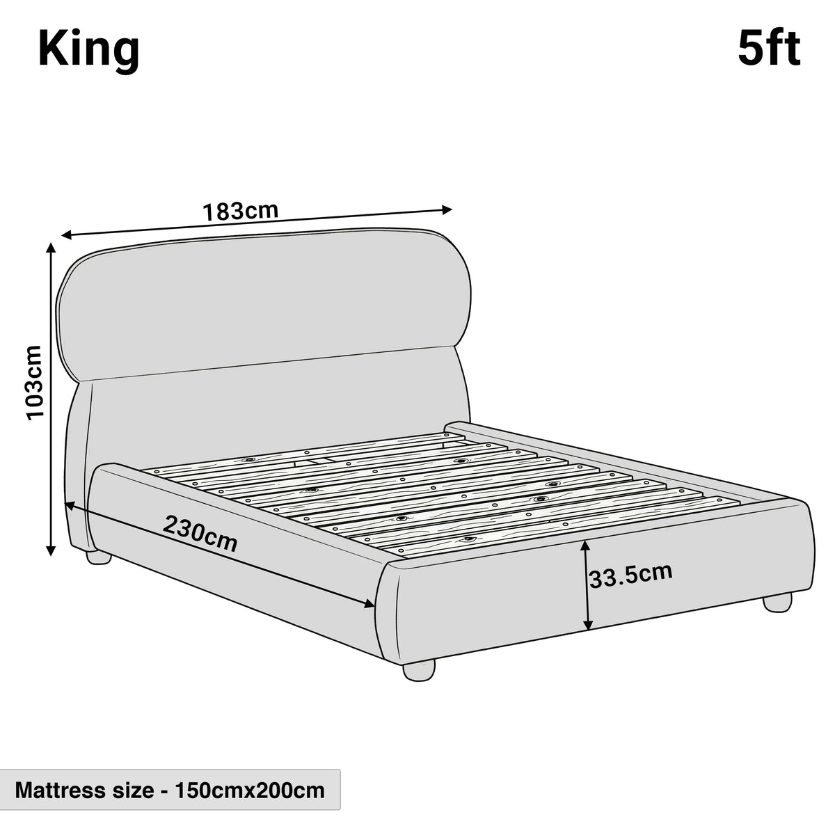 [King | Grey] Dimensions diagram showing 183cm width and 230cm length with 103cm headboard height