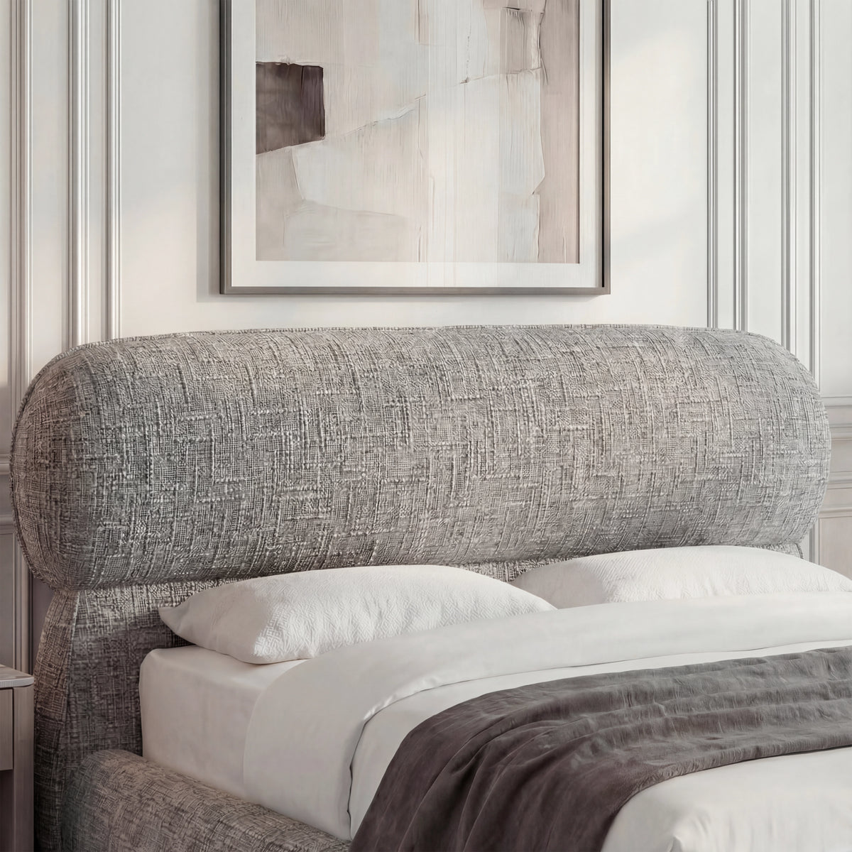 [King | Grey] Close-up of pill-shaped headboard showing woven linen-like fabric texture with rounded edges