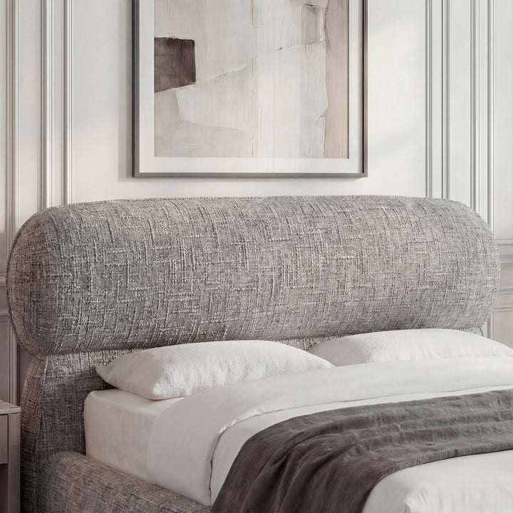 [King | Grey] Close-up of pill-shaped headboard showing woven linen-like fabric texture with rounded edges