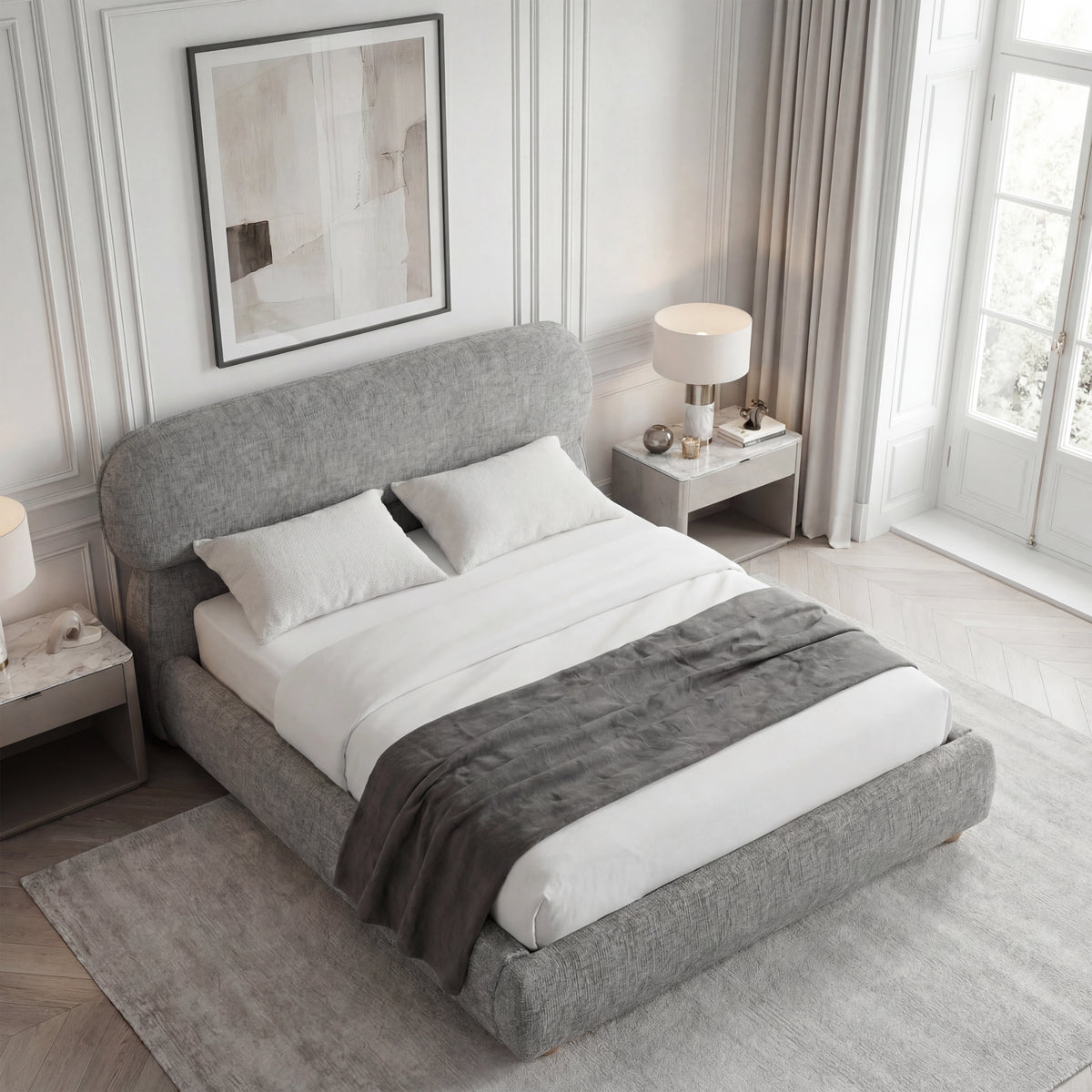 [King | Grey] Overhead angled view of upholstered bed showing pill-shaped headboard and woven fabric texture