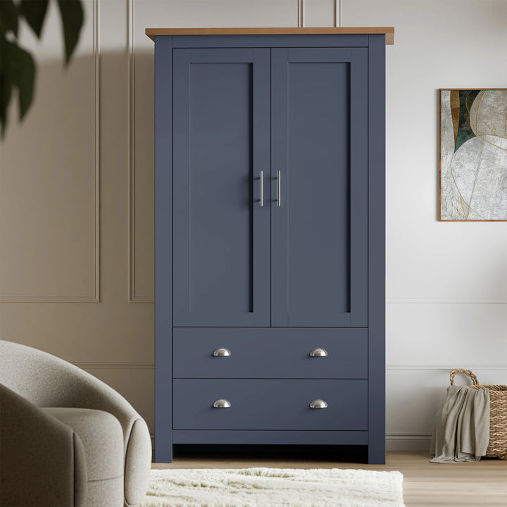 [Blue] Shaker bedroom furniture set wardrobe in blue with panel doors and oak veneer top